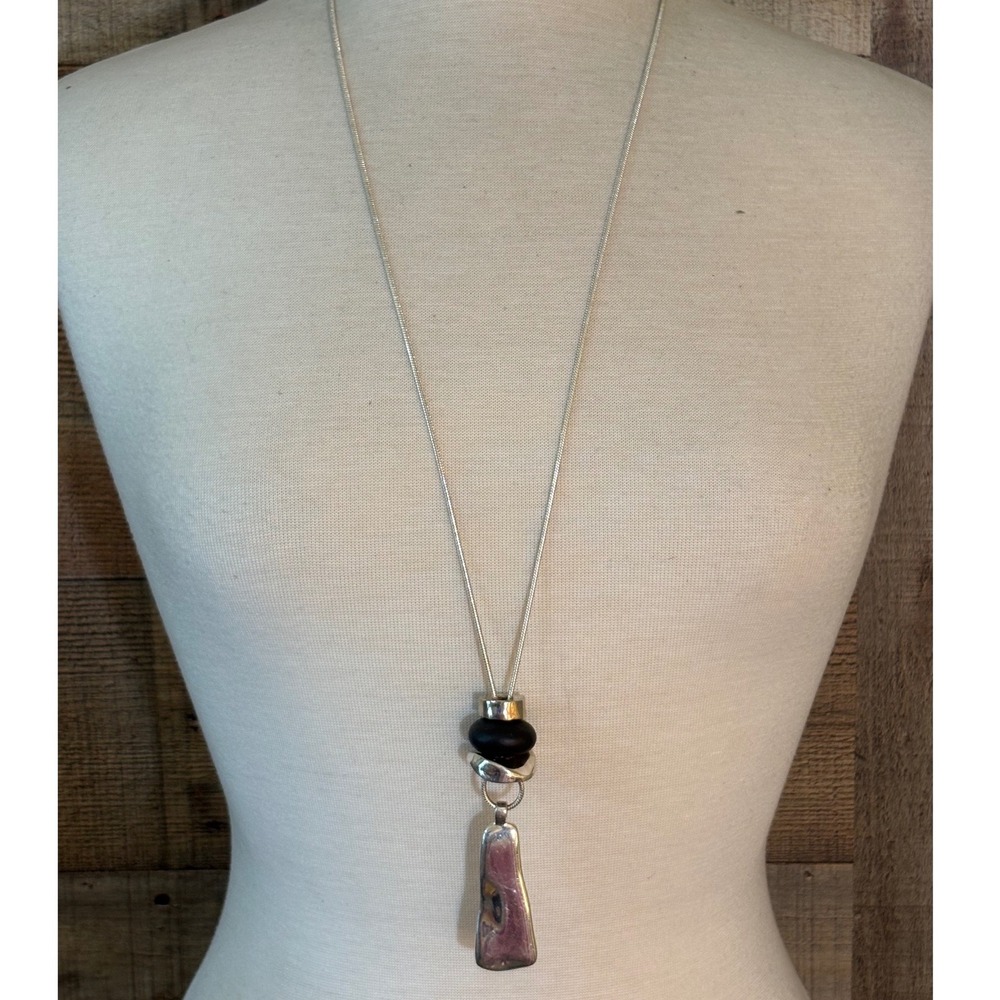Chicos Silver Tone Snake Chain Long Pendant Necklace Black Bead Modernist